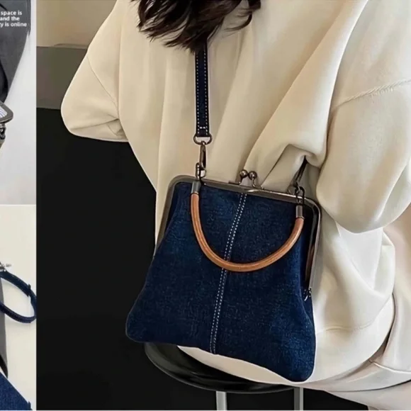 Denim Crossbody Tote Bags, Mini Blue Denim Totebag Kiss Lock Purse new - Picture 6 of 6